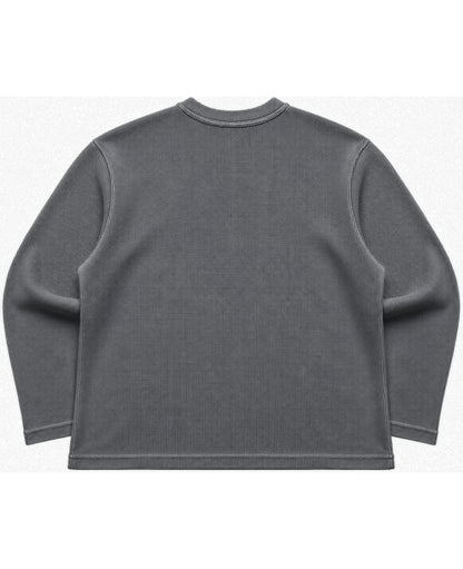 Acid washed charcoal grey waffle knit oversized full sleeve tee, back view - Frolic Saga Bare Minimum