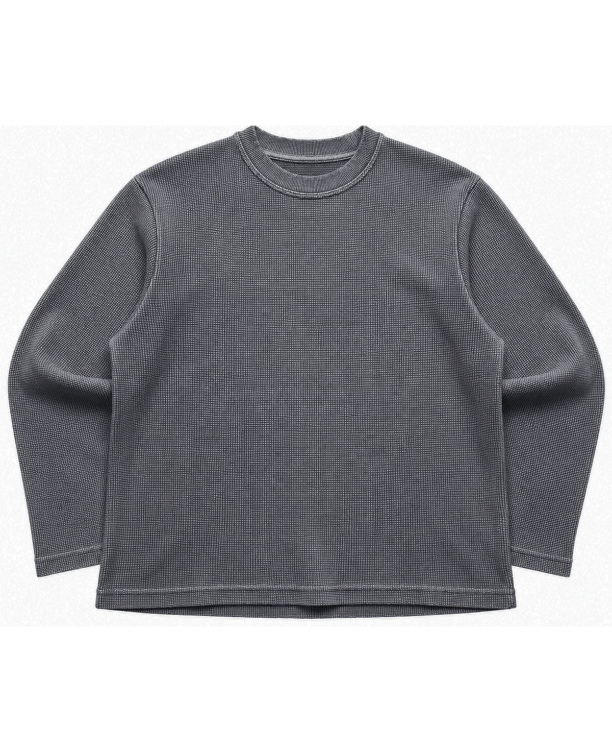 Acid washed charcoal grey waffle knit oversized full sleeve tee, front view - Frolic Saga Bare Minimum