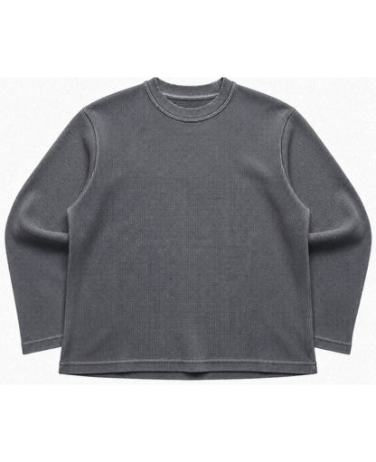 Acid washed charcoal grey waffle knit oversized full sleeve tee, front view - Frolic Saga Bare Minimum