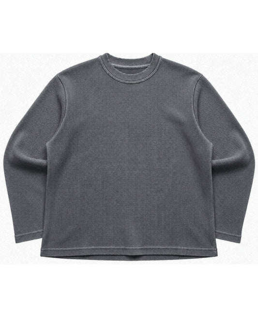 Acid washed charcoal grey waffle knit oversized full sleeve tee, front view - Frolic Saga Bare Minimum