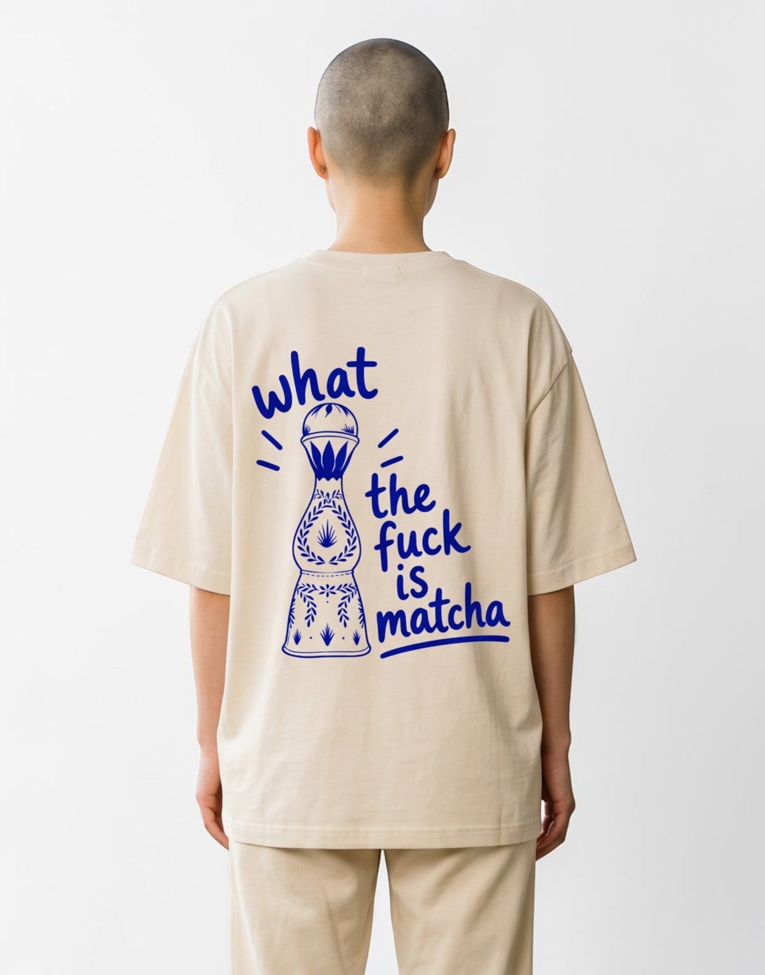 Frolic Saga beige heavyweight cotton oversized unisex t-shirt with blue graphic print on the back