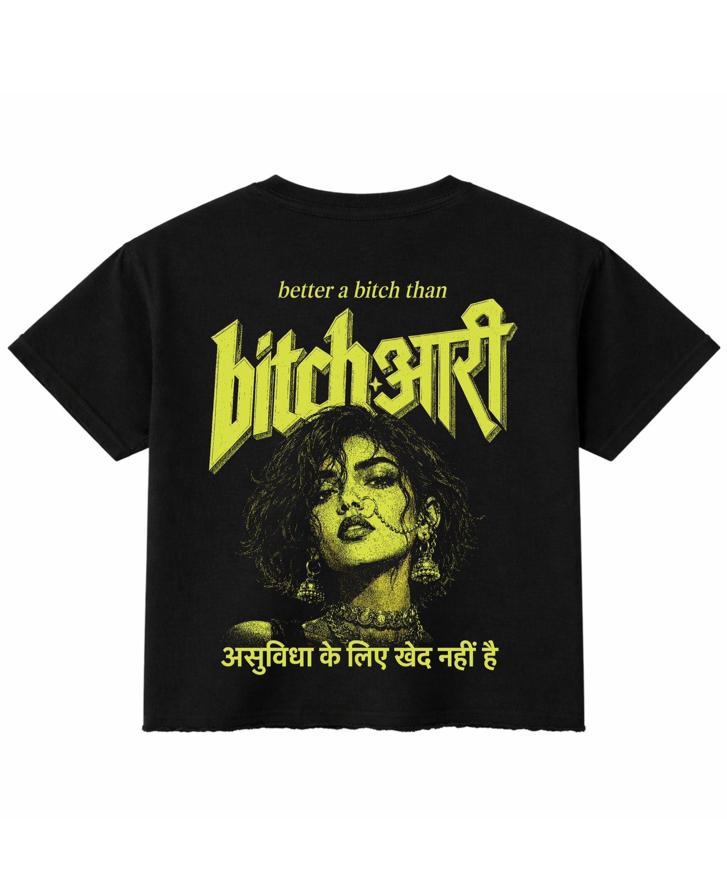 Better A B*tch Than Bitchari black boxy fit tee back print, Hindi-English typography with illustrated woman graphic, raw hem - Frolic Saga