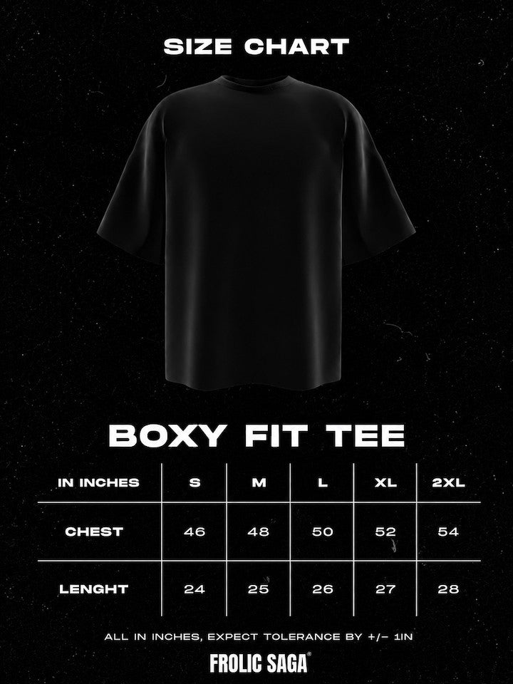 Frolic Saga black boxy fit t-shirt size chart with chest and length measurements in inches