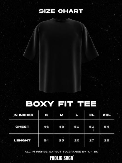 Frolic Saga black boxy fit t-shirt size chart with chest and length measurements in inches