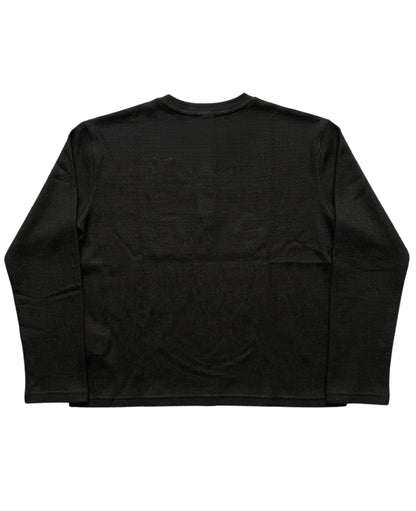 Black Henley waffle knit oversized full sleeve tee, back view - Frolic Saga Bare Minimum