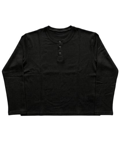 Black Henley waffle knit oversized full sleeve tee, front view with button placket - Frolic Saga Bare Minimum
