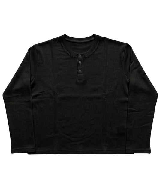 Black Henley waffle knit oversized full sleeve tee, front view with button placket - Frolic Saga Bare Minimum