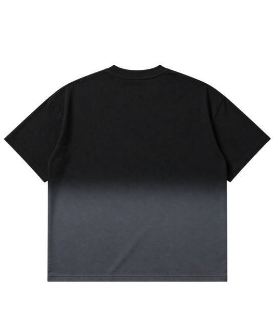 Black ombre wash oversized boxy fit tee, back view - Frolic Saga Bare Minimum