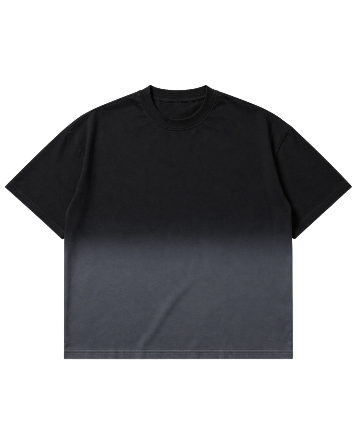 Black ombre wash oversized boxy fit tee, front view showing fade effect - Frolic Saga Bare Minimum