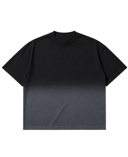 Black ombre wash oversized boxy fit tee, front view showing fade effect - Frolic Saga Bare Minimum
