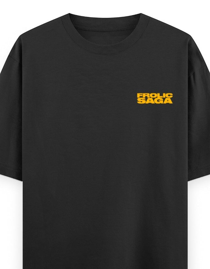 Frolic Saga black heavyweight cotton unisex oversized t-shirt with yellow chest logo