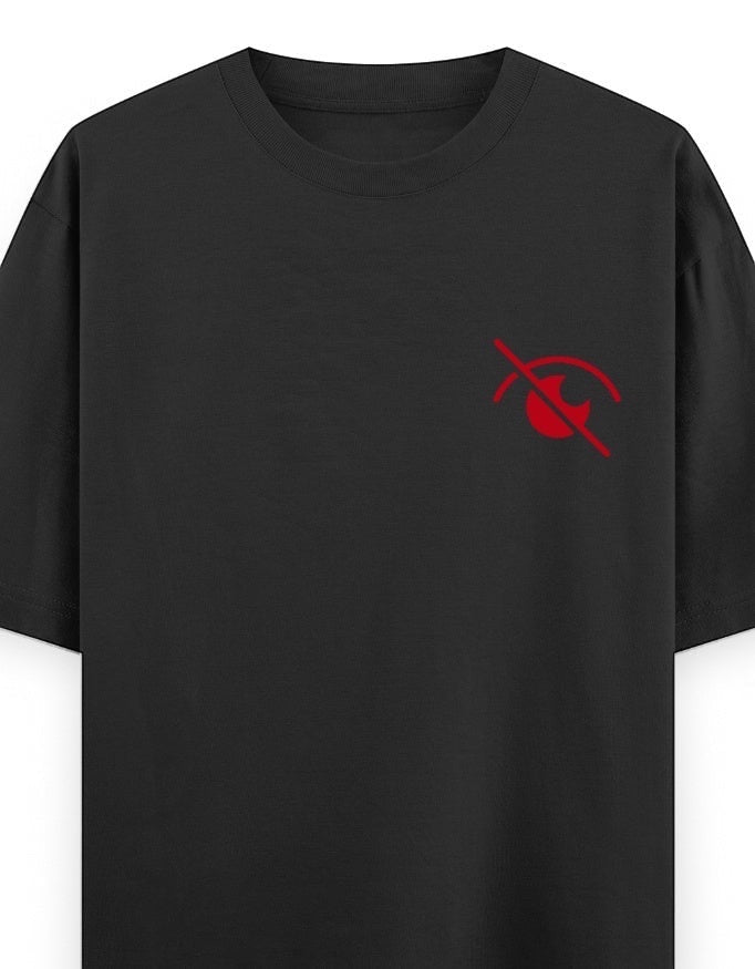 Frolic Saga black 100% cotton oversized t-shirt with a small red eye graphic on the left chest.