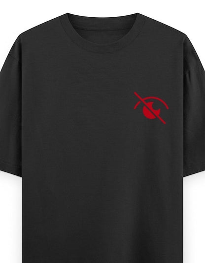Frolic Saga black 100% cotton oversized t-shirt with a small red eye graphic on the left chest.