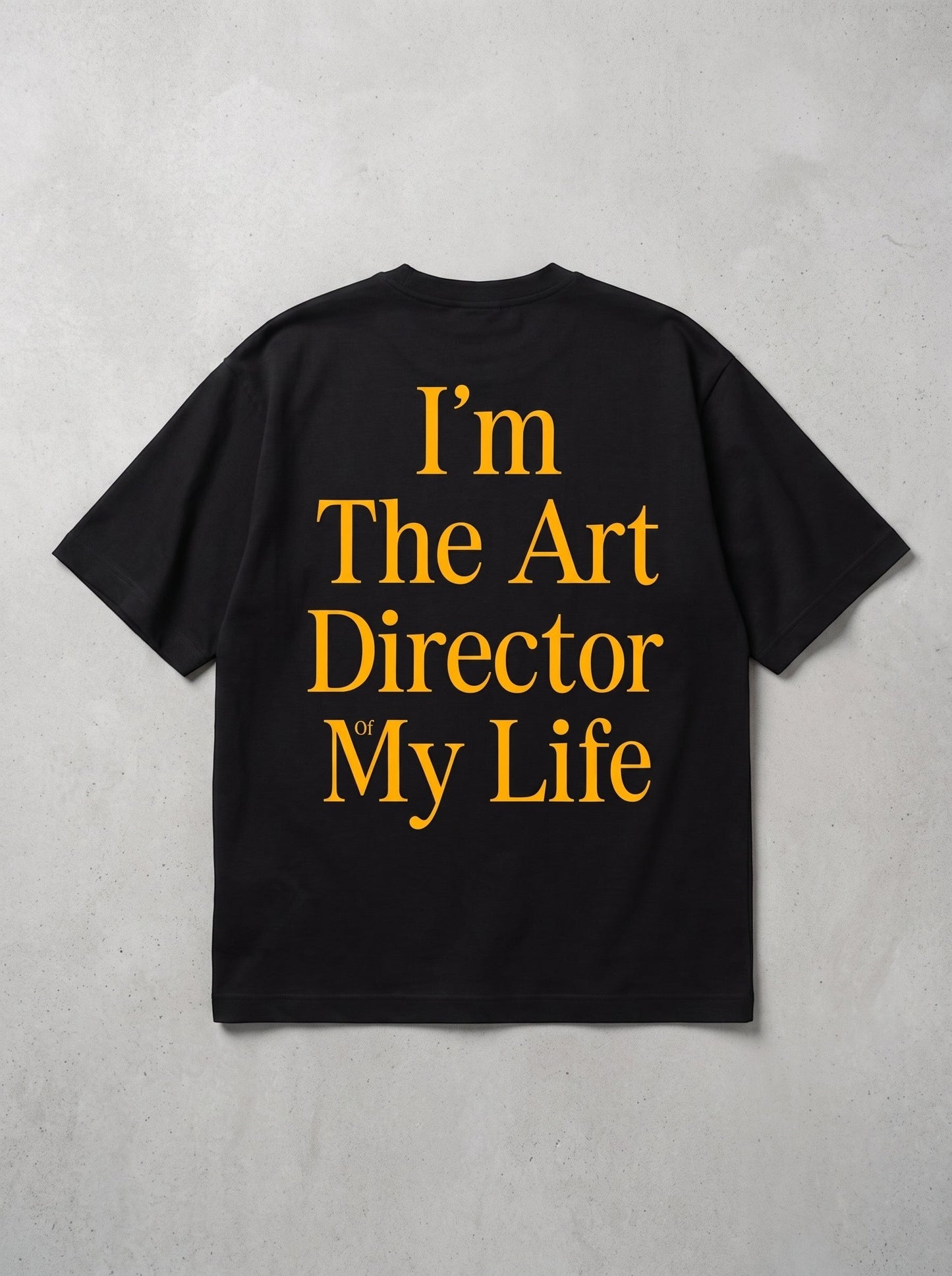 Frolic Saga black heavyweight cotton oversized t-shirt with yellow I'm The Art Director Of My Life back graphic print