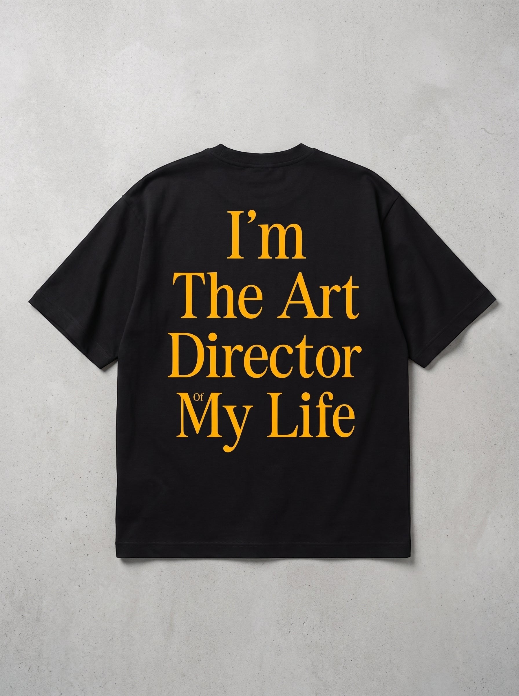 Frolic Saga black heavyweight cotton oversized t-shirt with yellow I'm The Art Director Of My Life back graphic print