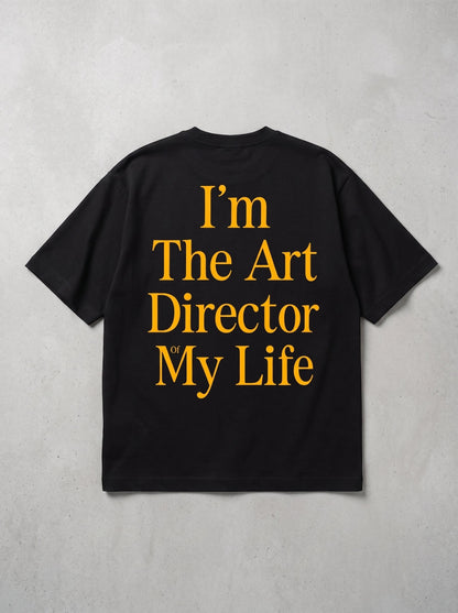 Frolic Saga black heavyweight cotton oversized t-shirt with yellow I'm The Art Director Of My Life back graphic print