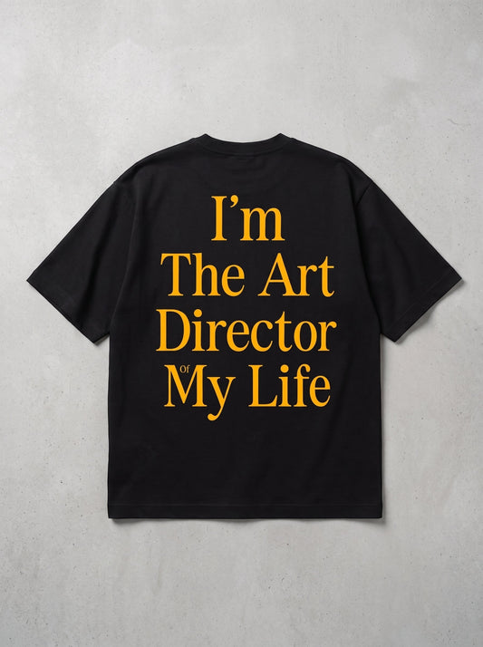 Frolic Saga black heavyweight cotton oversized t-shirt with yellow I'm The Art Director Of My Life back graphic print
