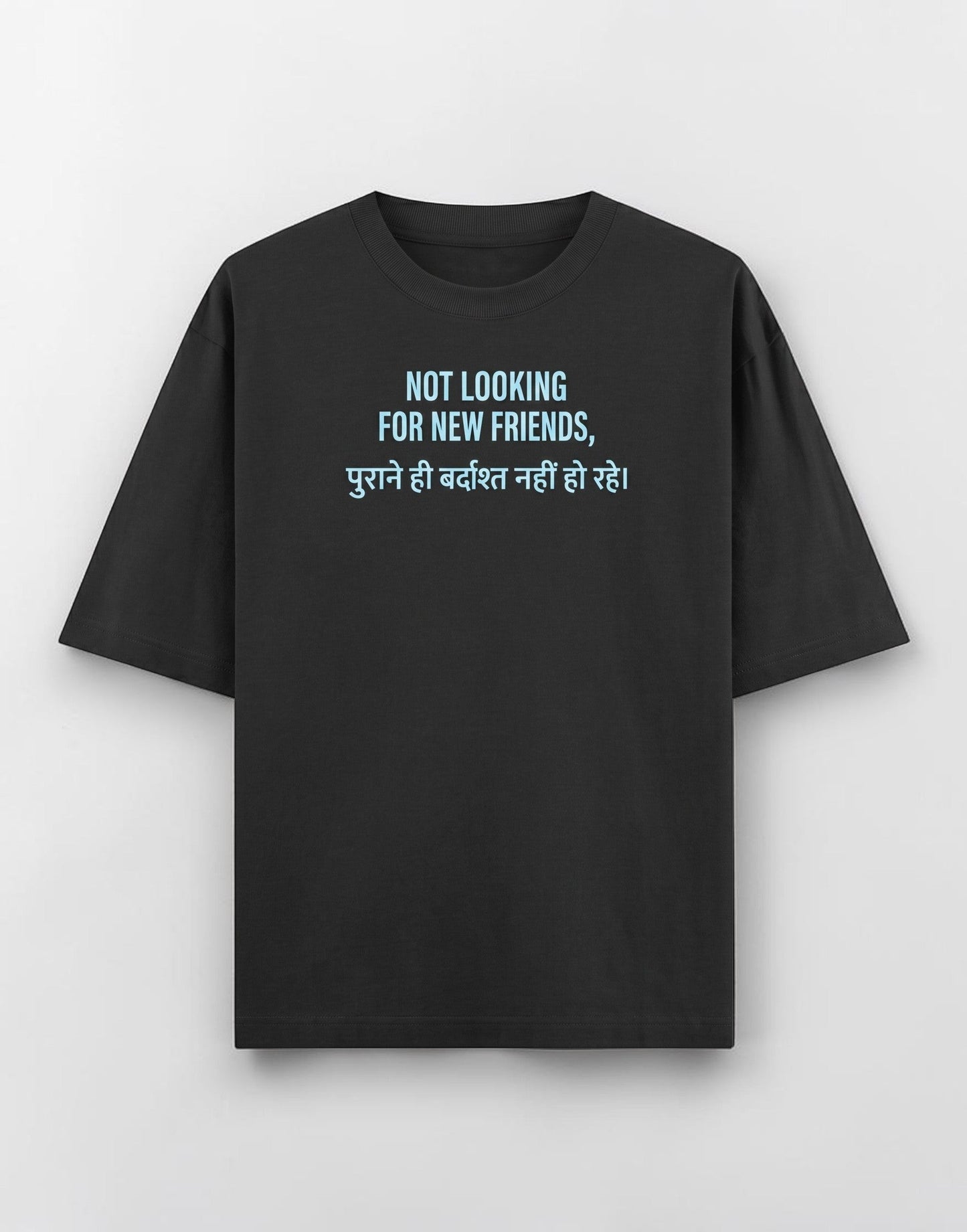 Frolic Saga black heavyweight cotton unisex oversized t-shirt with blue graphic text print on the chest.