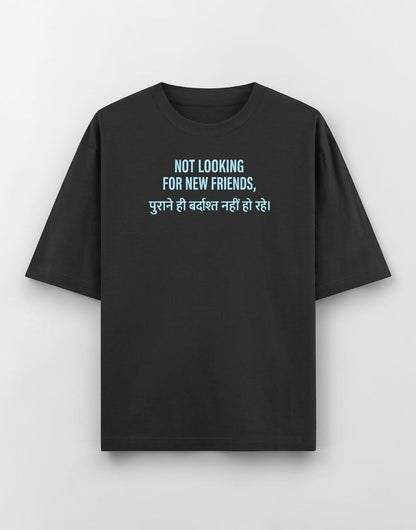 Frolic Saga black heavyweight cotton unisex oversized t-shirt with blue graphic text print on the chest.