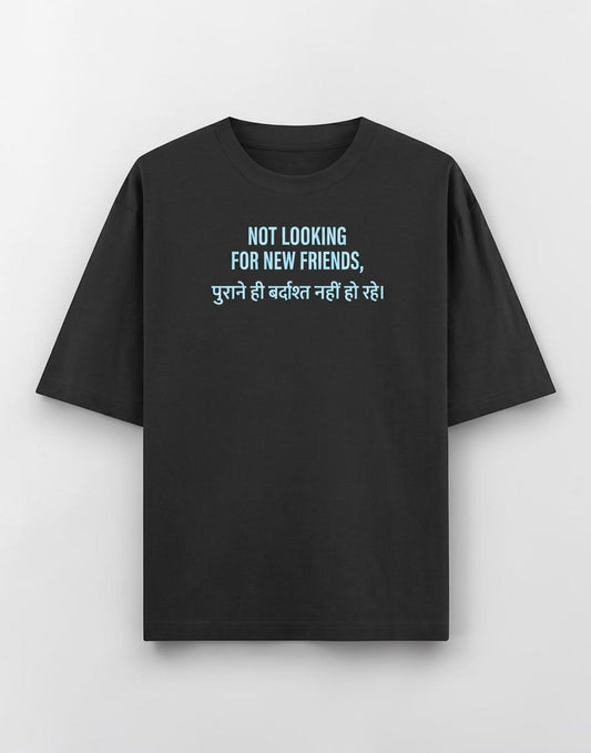 Frolic Saga black heavyweight cotton unisex oversized t-shirt with blue graphic text print on the chest.