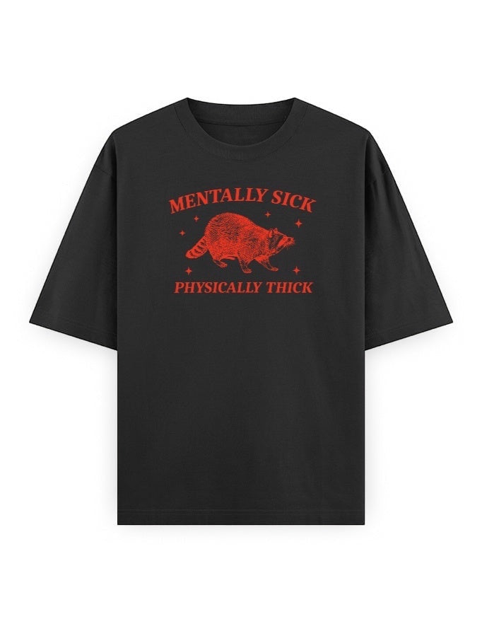 Frolic Saga black oversized t-shirt with red vintage raccoon graphic and