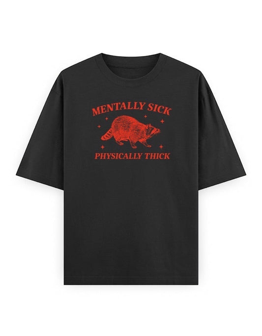 Frolic Saga black oversized t-shirt with red vintage raccoon graphic and