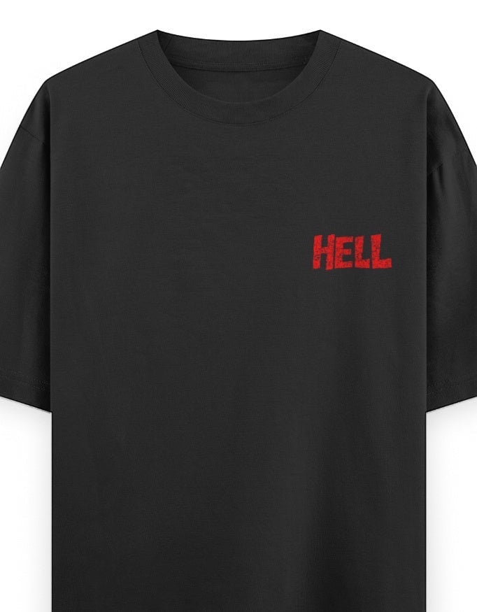 Frolic Saga black 100% cotton oversized tee with distressed red "HELL" text graphic on the left chest.