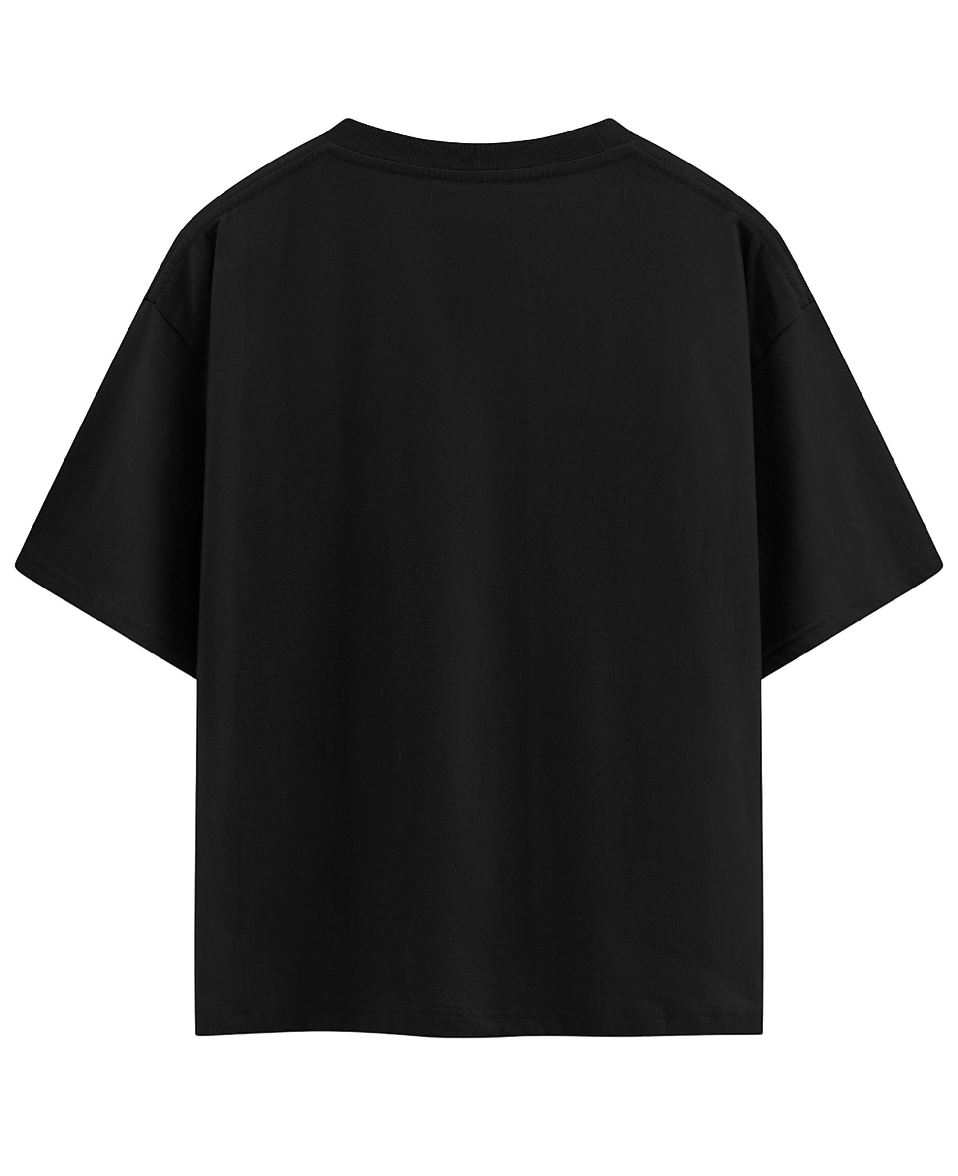 Frolic Saga black heavyweight cotton oversized t-shirt with a relaxed drop-shoulder fit, back view.