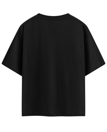 Frolic Saga black heavyweight cotton oversized t-shirt with a relaxed drop-shoulder fit, back view.