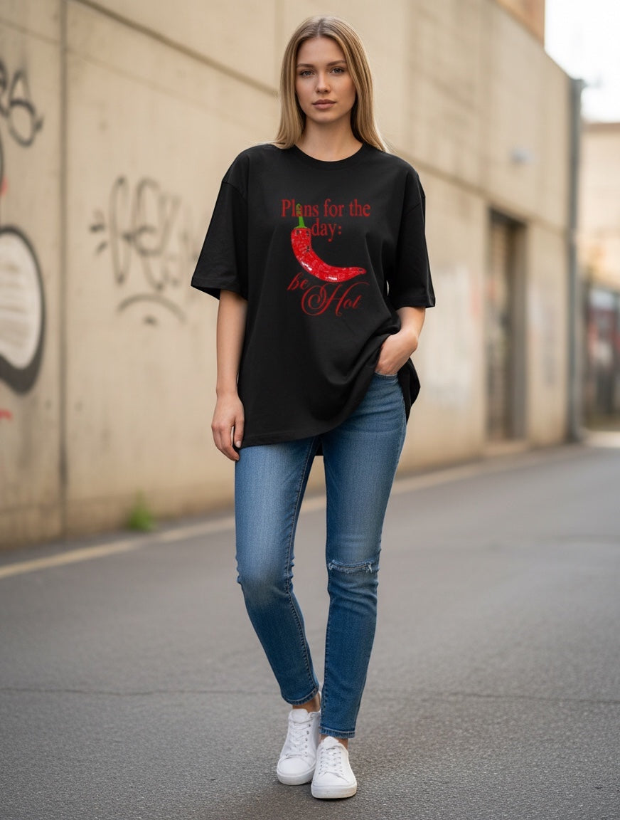 Frolic Saga black 100% cotton oversized t-shirt with red chili graphic and text "Plans for the day: be Hot"