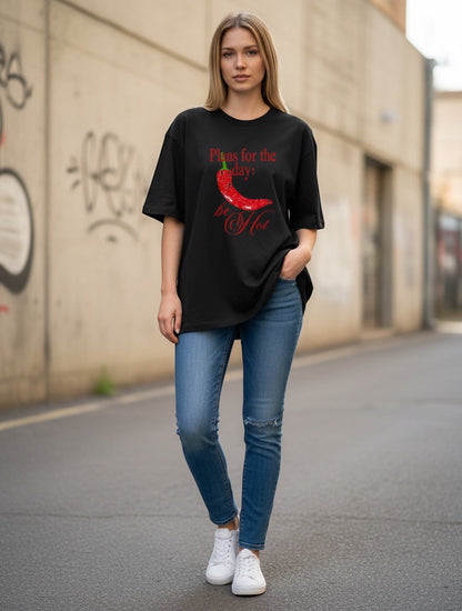 Frolic Saga black 100% cotton oversized t-shirt with red chili graphic and text "Plans for the day: be Hot"