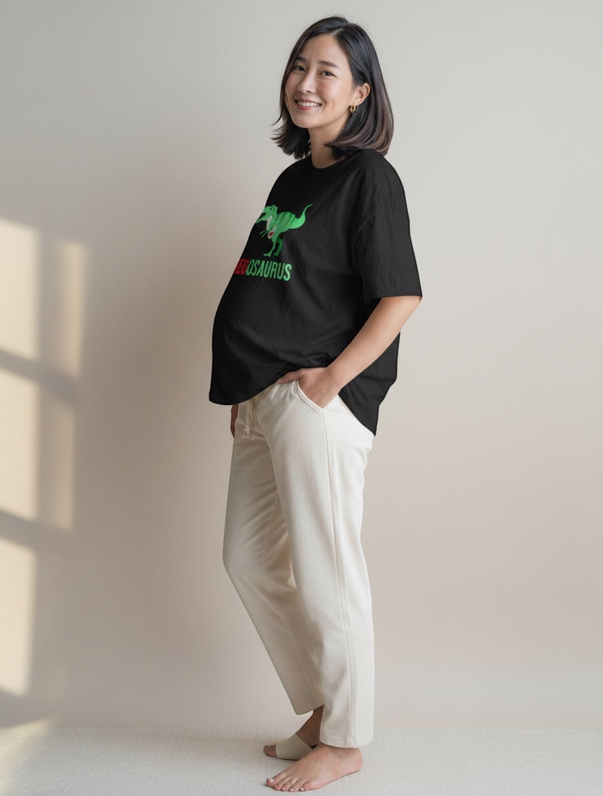 Frolic Saga black 100% cotton oversized t-shirt with green dinosaur graphic and text "LECOSURUS".