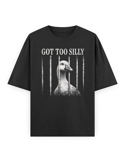 Frolic Saga black 100% cotton oversized t-shirt with a distressed graphic of a goose behind bars and the text "GOT TOO SILLY".