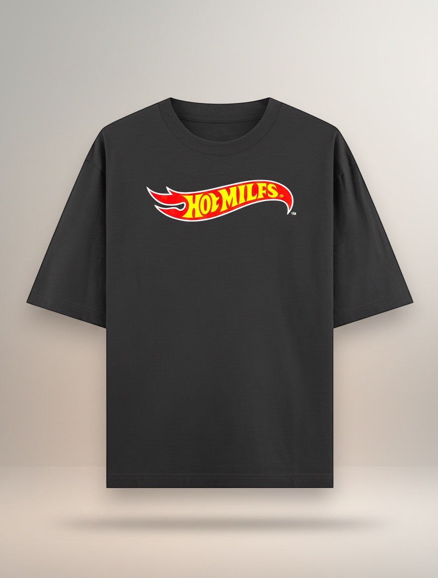 Frolic Saga black 100% cotton oversized t-shirt with 'Hot Milfs' logo graphic. Unisex fit.