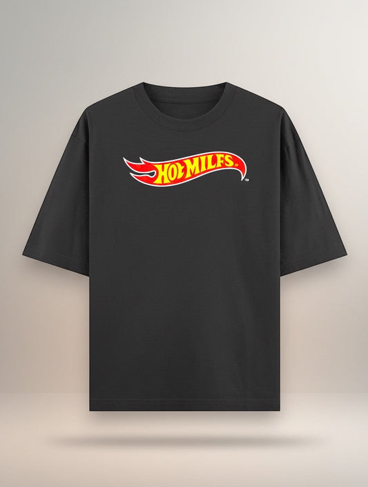 Frolic Saga black 100% cotton oversized t-shirt with 'Hot Milfs' logo graphic. Unisex fit.