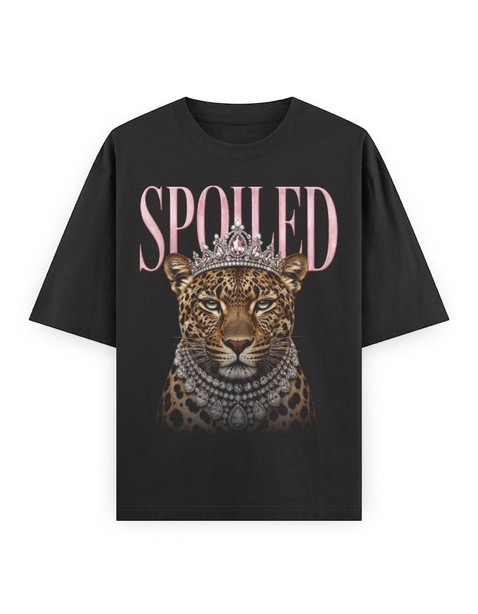 Frolic Saga black 100% cotton oversized t-shirt with a leopard wearing a crown and diamond necklace, text reads "SPOILED"