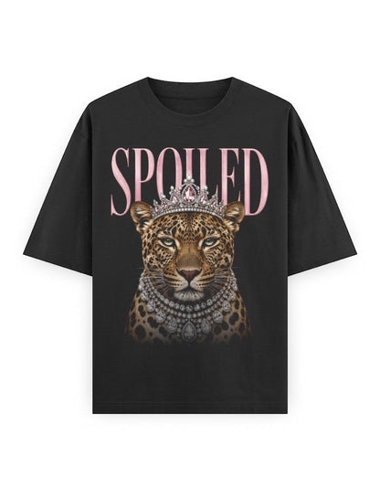 Frolic Saga black 100% cotton oversized t-shirt with a leopard wearing a crown and diamond necklace, text reads "SPOILED"