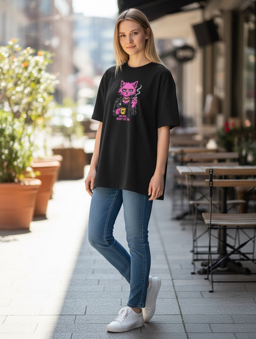 Frolic Saga black oversized cotton t-shirt with a punk cat graphic and text "God Just Doesn't Get Me".