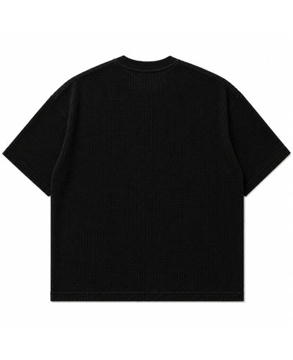 Black waffle knit boxy fit half sleeve tee, back view - Frolic Saga Bare Minimum