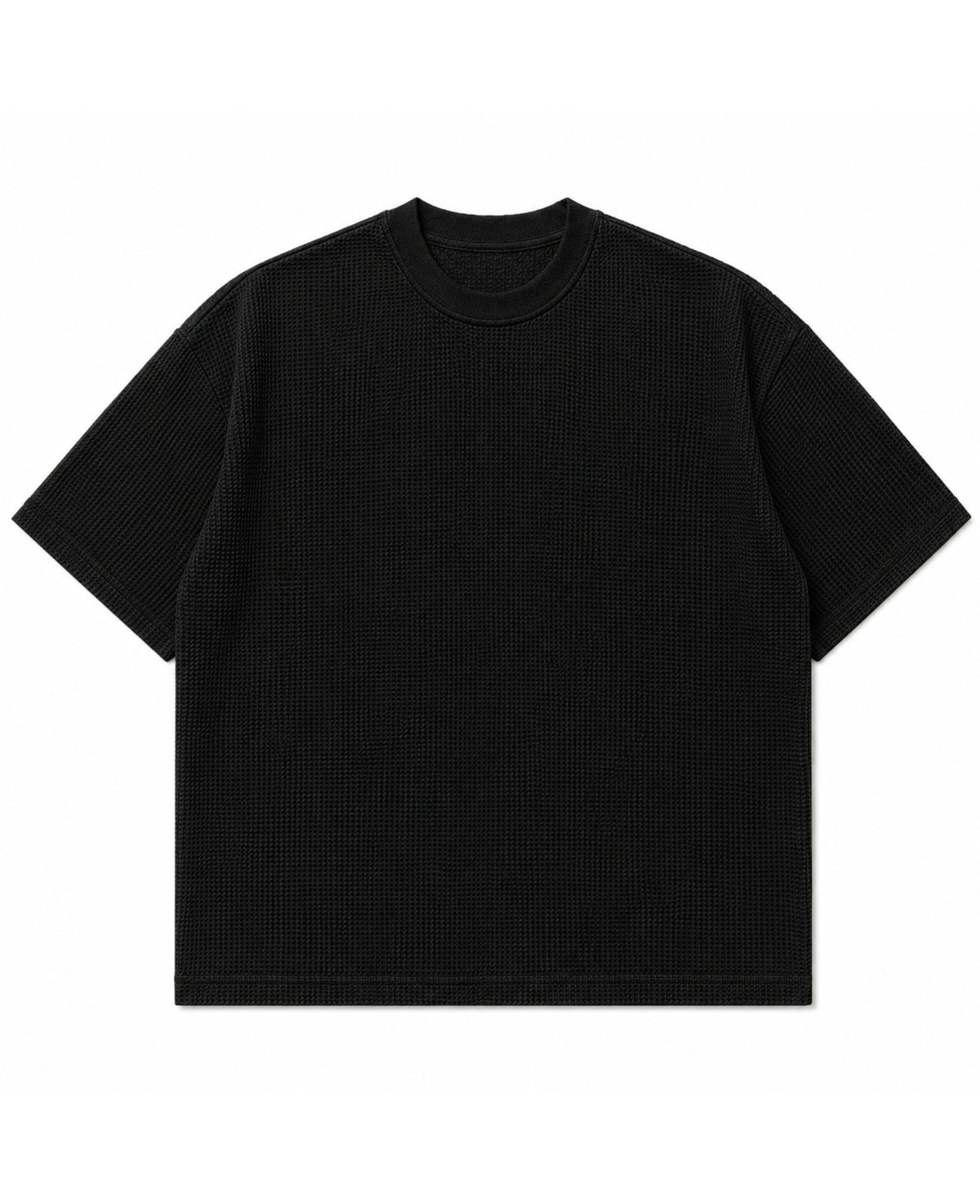Black waffle knit boxy fit half sleeve tee, front view - Frolic Saga Bare Minimum