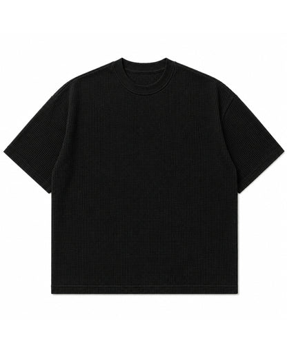Black waffle knit boxy fit half sleeve tee, front view - Frolic Saga Bare Minimum