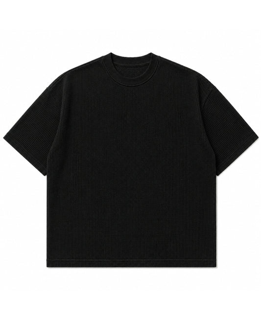 Black waffle knit boxy fit half sleeve tee, front view - Frolic Saga Bare Minimum