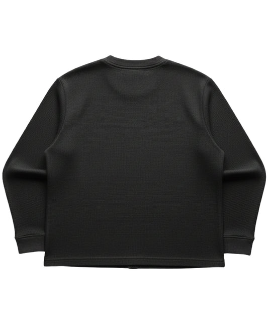 Black waffle knit oversized full sleeve tee, back view - Frolic Saga Bare Minimum