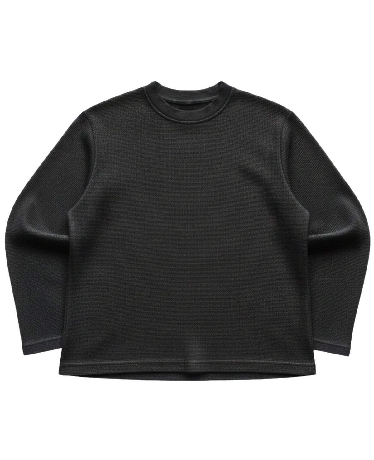 Black waffle knit oversized full sleeve tee, front view - Frolic Saga Bare Minimum