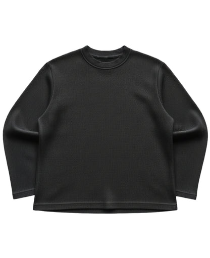 Black waffle knit oversized full sleeve tee, front view - Frolic Saga Bare Minimum