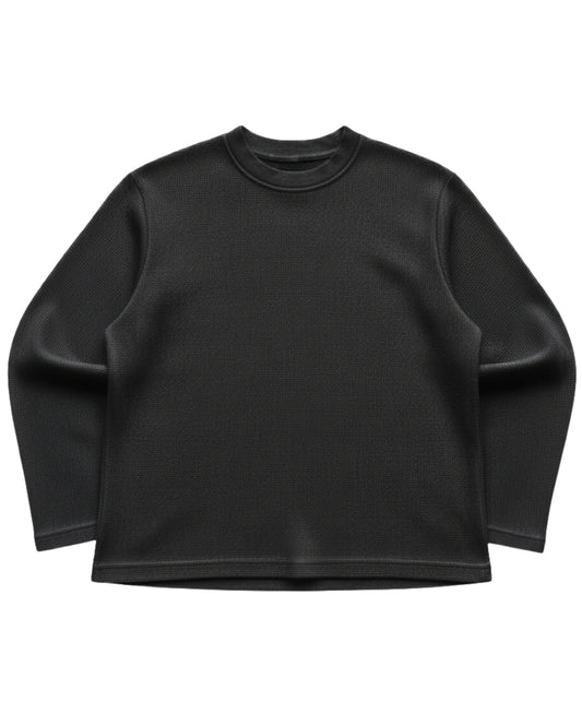 Black waffle knit oversized full sleeve tee, front view - Frolic Saga Bare Minimum
