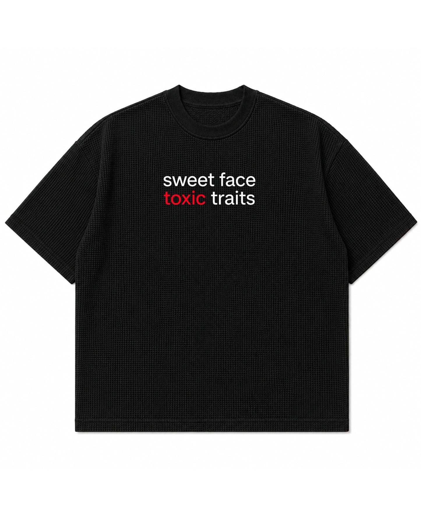 Frolic Saga black waffle knit t-shirt with sweet face toxic traits graphic text on the chest
