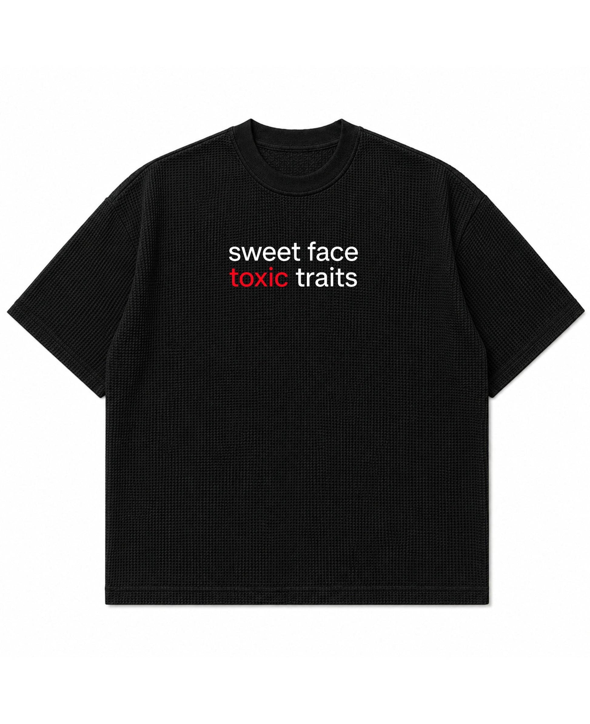 Frolic Saga black waffle knit t-shirt with sweet face toxic traits graphic text on the chest