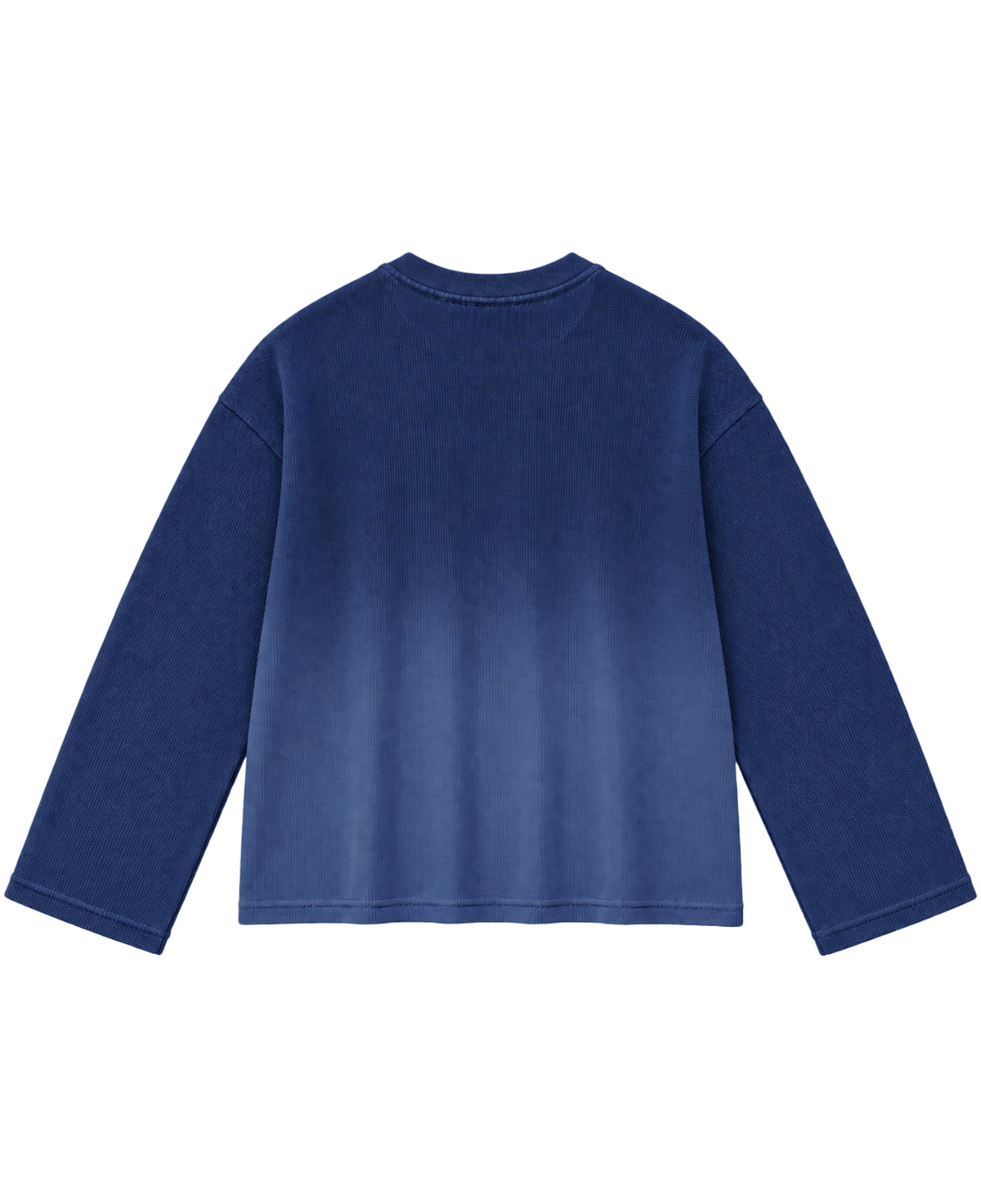 Blue ombre waffle knit oversized full sleeve tee, back view - Frolic Saga Bare Minimum