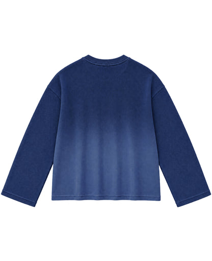 Blue ombre waffle knit oversized full sleeve tee, back view - Frolic Saga Bare Minimum